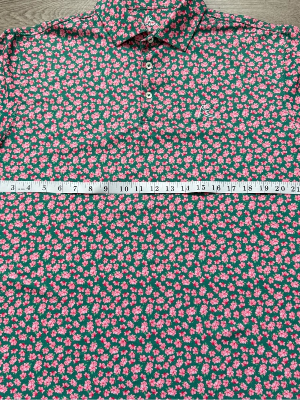 Rhoback Golf Polo Shirt Mens L Green Pink Azalea Flowers Floral Masters Print - Picture 5 of 7